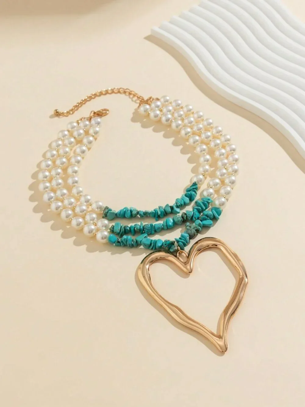 Multicolor Boho Women's Necklace with Turquoise Faux Pearl Heart Pendant